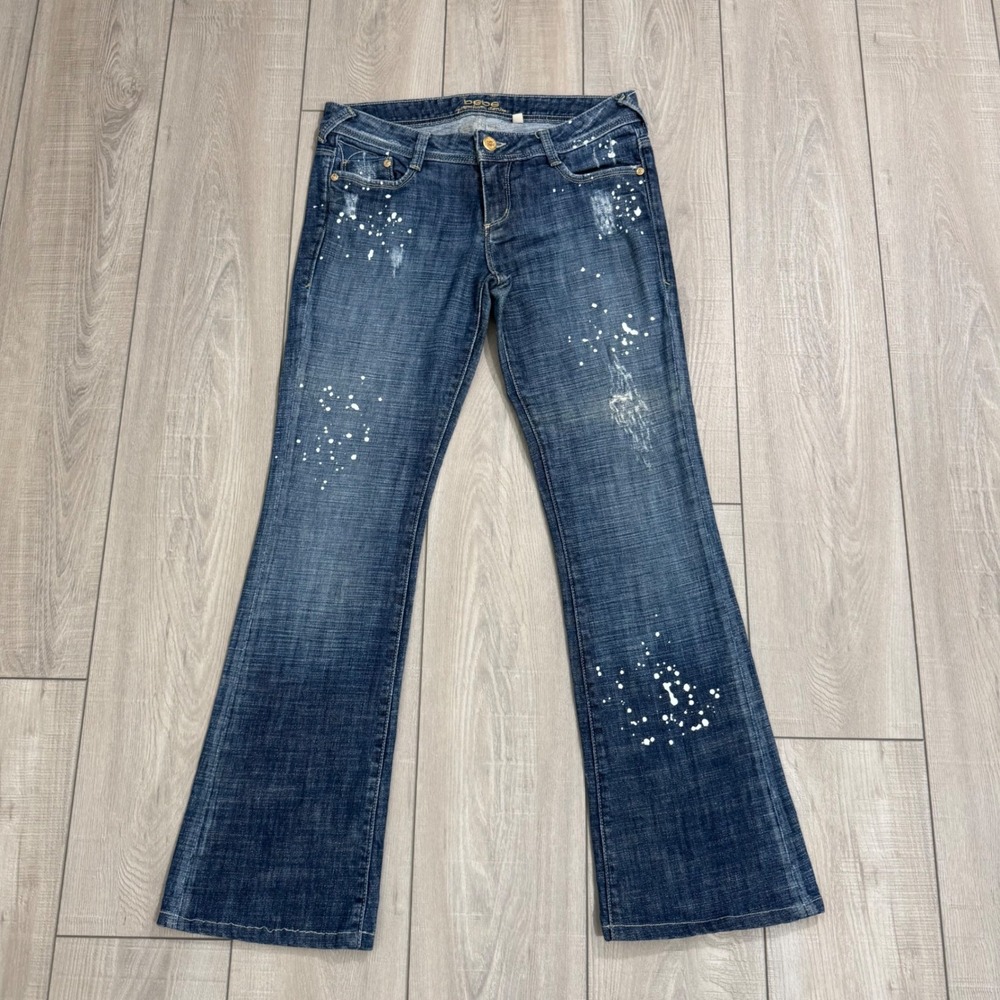 Bebe Flare Jeans Womens 29 Blue Paint Splatter Distressed Low Rise Bootcut